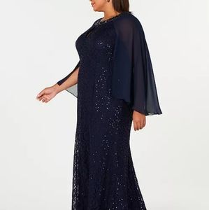 Size 18W Plus Size Lace Capelet Gown, Navy Blue; Mother of the Groom dress